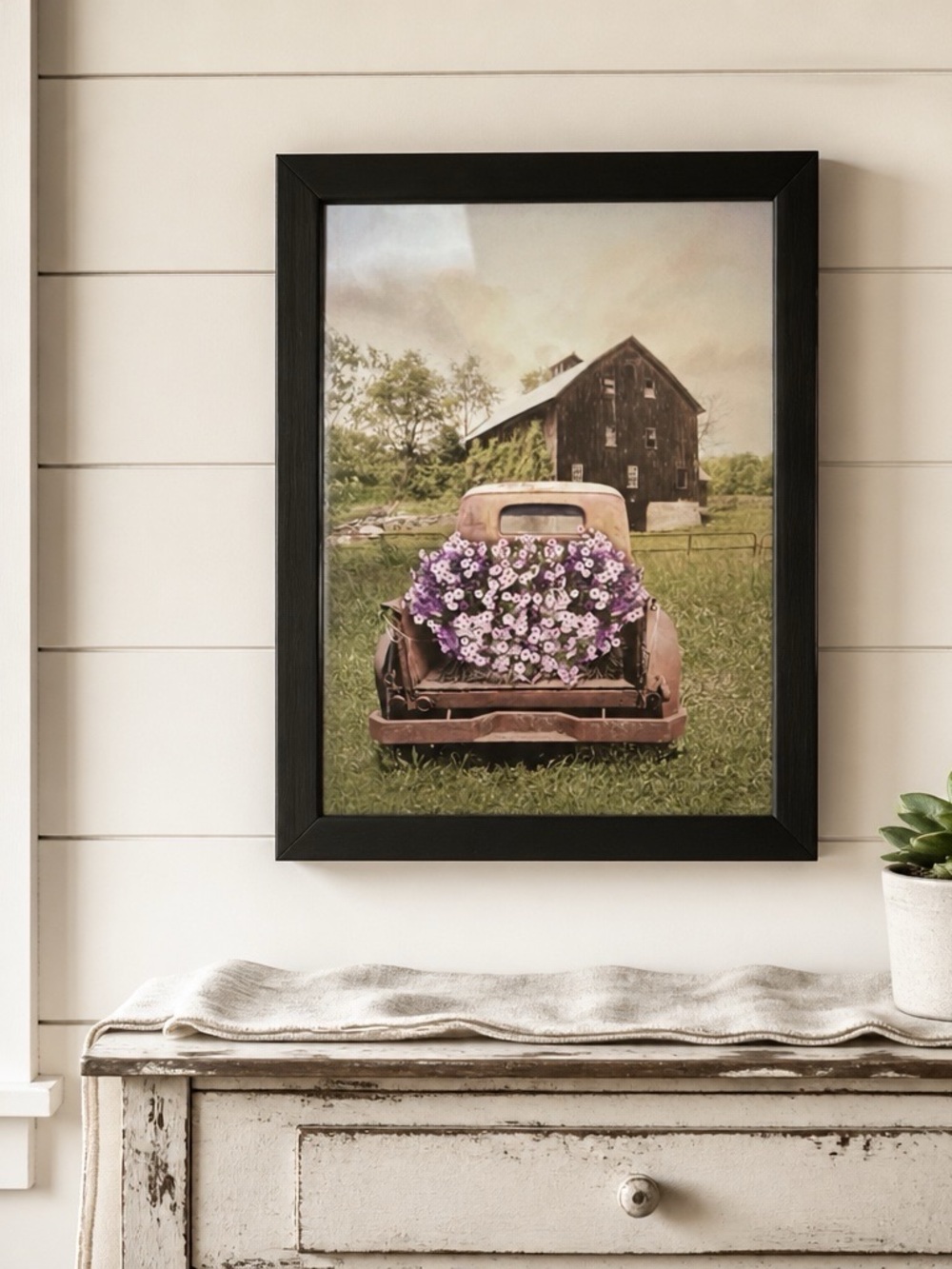 Framed Farmhouse Truck Wall Art - Pink Floral Bed